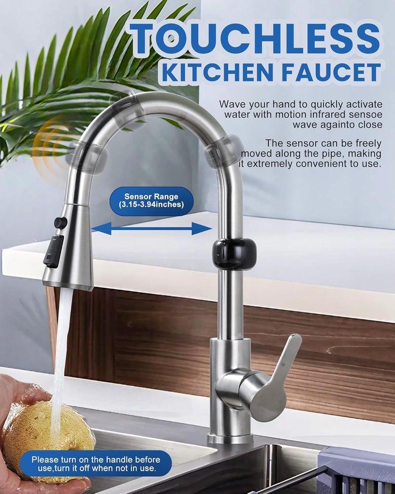 ALEASHA Touchless Kitchen Faucet Motion Sensor - Activated Smart Hands Free Kitchen Faucets with Pull Down Sprayer Single Handle Kitchen Sink Faucet,Brushed Nickel - Image 2