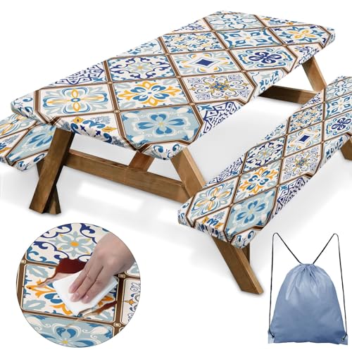 Nesphy Vintage Turkish Flower Picnic Table Cover 3 Piece Set with Bench Covers Colorful Camping Essentials Waterproof - Image 2