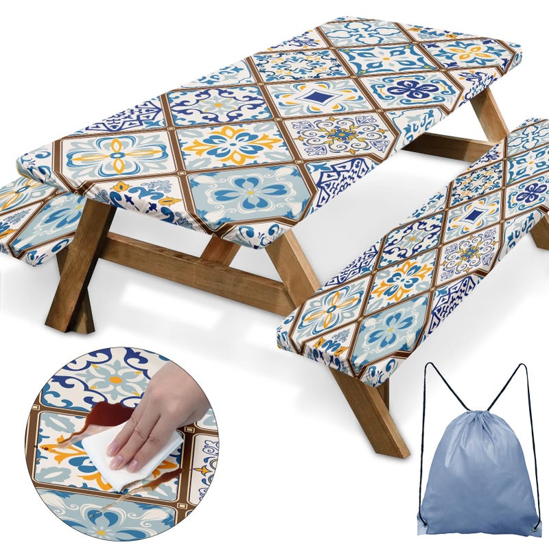 Nesphy Vintage Turkish Flower Picnic Table Cover 3 Piece Set with Bench Covers Colorful Camping Essentials Waterproof - Image 1