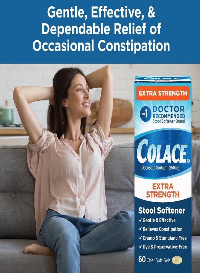 Colace Extra Strength Stool Softener for Gentle Effective Constipation Relief, #1 Doctor Recommended Stool Softener Brand, 250 mg Docusate Capsules, 60 Count (Pack of 1) - Image 3