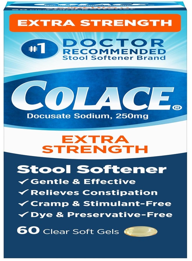 Colace Extra Strength Stool Softener for Gentle Effective Constipation Relief, #1 Doctor Recommended Stool Softener Brand, 250 mg Docusate Capsules, 60 Count (Pack of 1) - Image 1