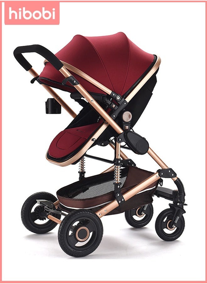 hibobi 2 in 1 stroller High Landscape - Folding Two-way push Baby carriage - Red 
