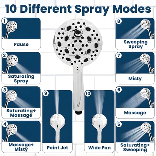 PJET 10 Mode Handheld Filter Shower Head |Pressure Hand Shower With 1.5 Meter Flexible Tube And Wall Hook | 10 Different Spray Modes- Mist, Rain, Massage |Hand Shower Filter With Water Softner,Chrome - Image 2