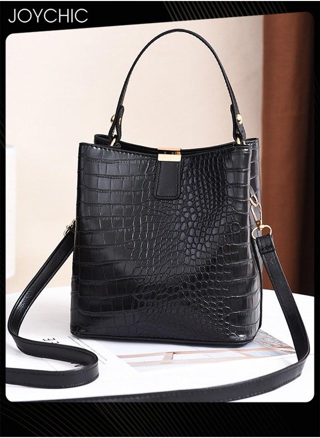 Joychic - Fashionable Bucket Bag Korean Style Women's Stone Pattern Handbag Large Capacity Shoulder Crossbody Bag with Detachable Straps for Travel Office Black - Image 1