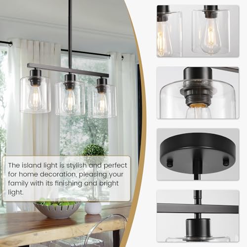 ROCUNSI 3-Light Kitchen Island Lighting, Black Pendant Light Fixture, Farmhouse Dining Room Light Fixtures Over Table, Modern Hanging Light Fixtures with Clear Glass, E26 Base, Bulbs Not Included - Image 4