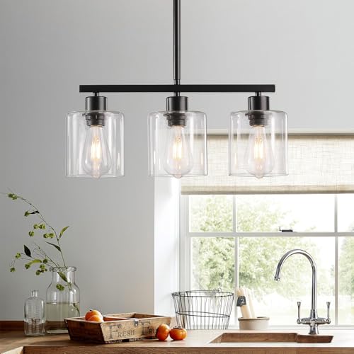 ROCUNSI 3-Light Kitchen Island Lighting, Black Pendant Light Fixture, Farmhouse Dining Room Light Fixtures Over Table, Modern Hanging Light Fixtures with Clear Glass, E26 Base, Bulbs Not Included - Image 1