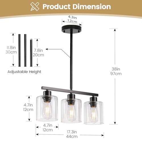 ROCUNSI 3-Light Kitchen Island Lighting, Black Pendant Light Fixture, Farmhouse Dining Room Light Fixtures Over Table, Modern Hanging Light Fixtures with Clear Glass, E26 Base, Bulbs Not Included - Image 3
