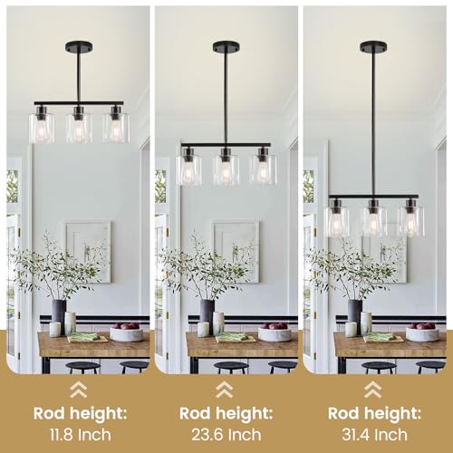 ROCUNSI 3-Light Kitchen Island Lighting, Black Pendant Light Fixture, Farmhouse Dining Room Light Fixtures Over Table, Modern Hanging Light Fixtures with Clear Glass, E26 Base, Bulbs Not Included - Image 2