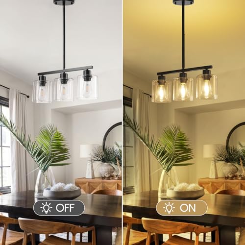 ROCUNSI 3-Light Kitchen Island Lighting, Black Pendant Light Fixture, Farmhouse Dining Room Light Fixtures Over Table, Modern Hanging Light Fixtures with Clear Glass, E26 Base, Bulbs Not Included - Image 5