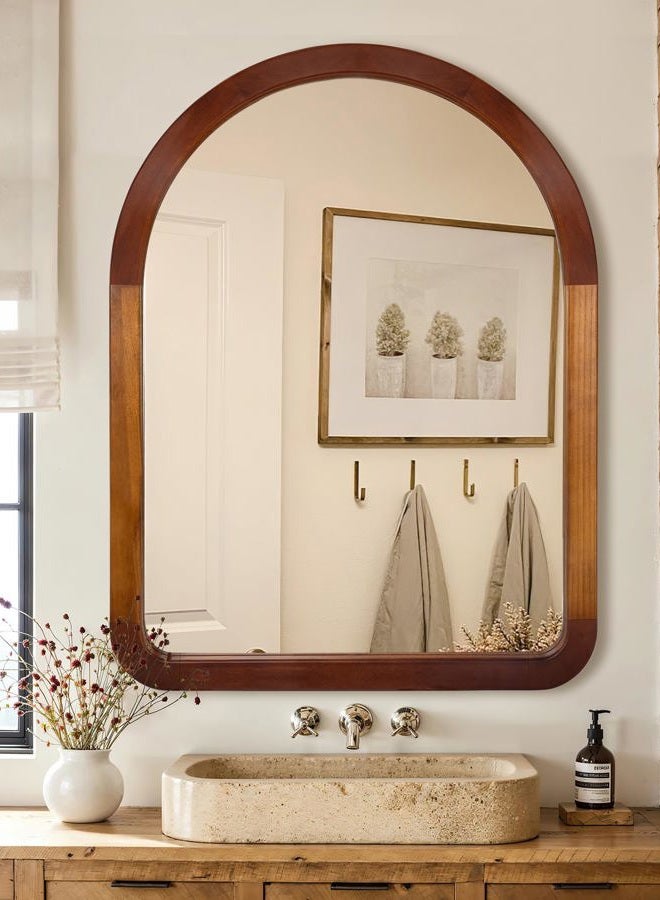 Culer Arch Large Mirror 30 x 40 Inch,Brown Wood Rustic Bathroom Tempered Wall Mirror with Wood Frame,Round Corner Arch Farmhouse Wooden Vanity Mirror for Living Room,Entryway or Bedroom - Image 3