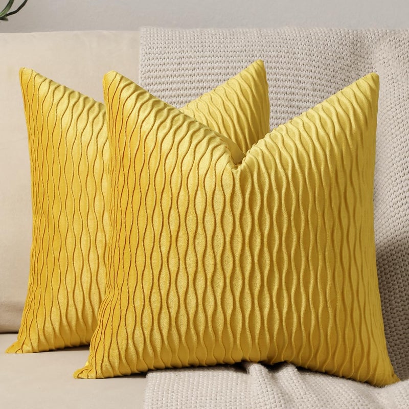 DEZENE Mustard Yellow Couch Pillow Covers 2 Pack 18x18 Inch Original Striped Velvet Square Throw Pillow Cases for Farmhouse Home Decor