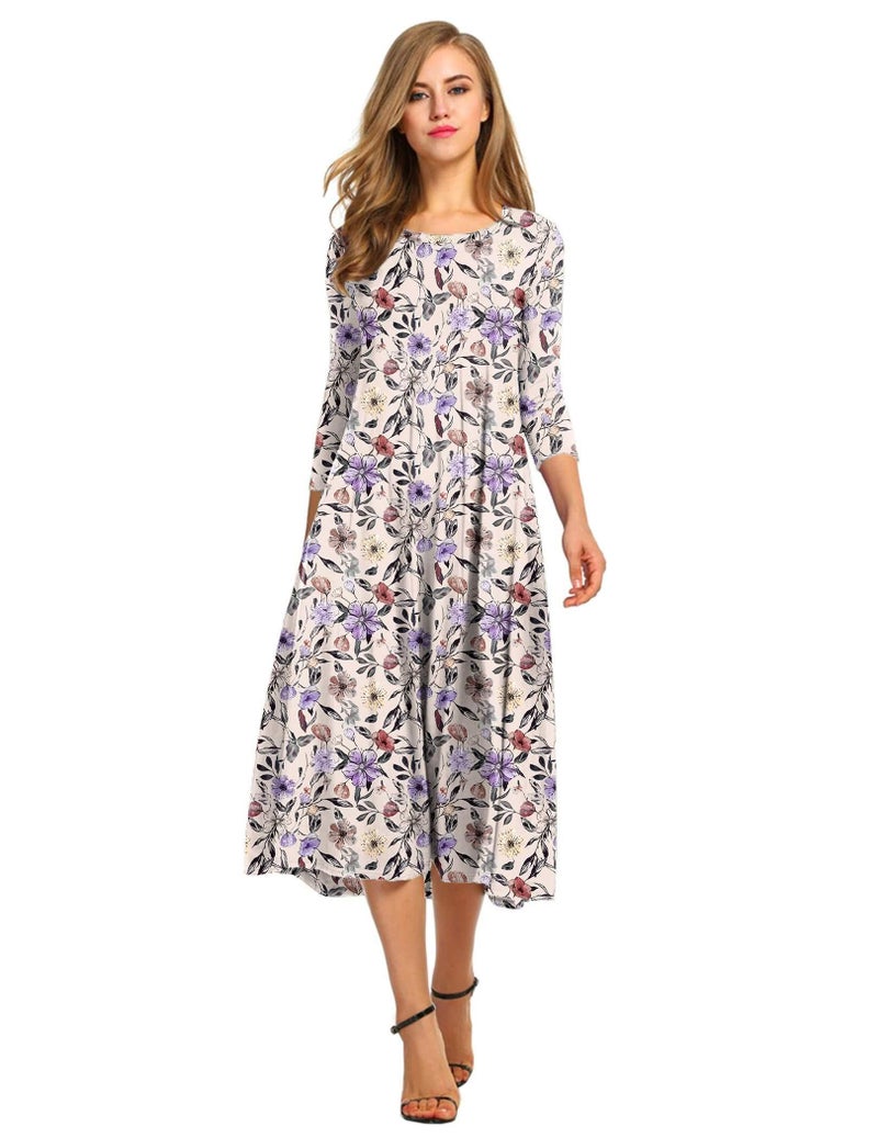 HOTOUCH Casual Summer Dress for Women 3/4 Sleeve Empire Waist Dress A Line Fall Dresses Midi Floral Sundress, M - Image 1