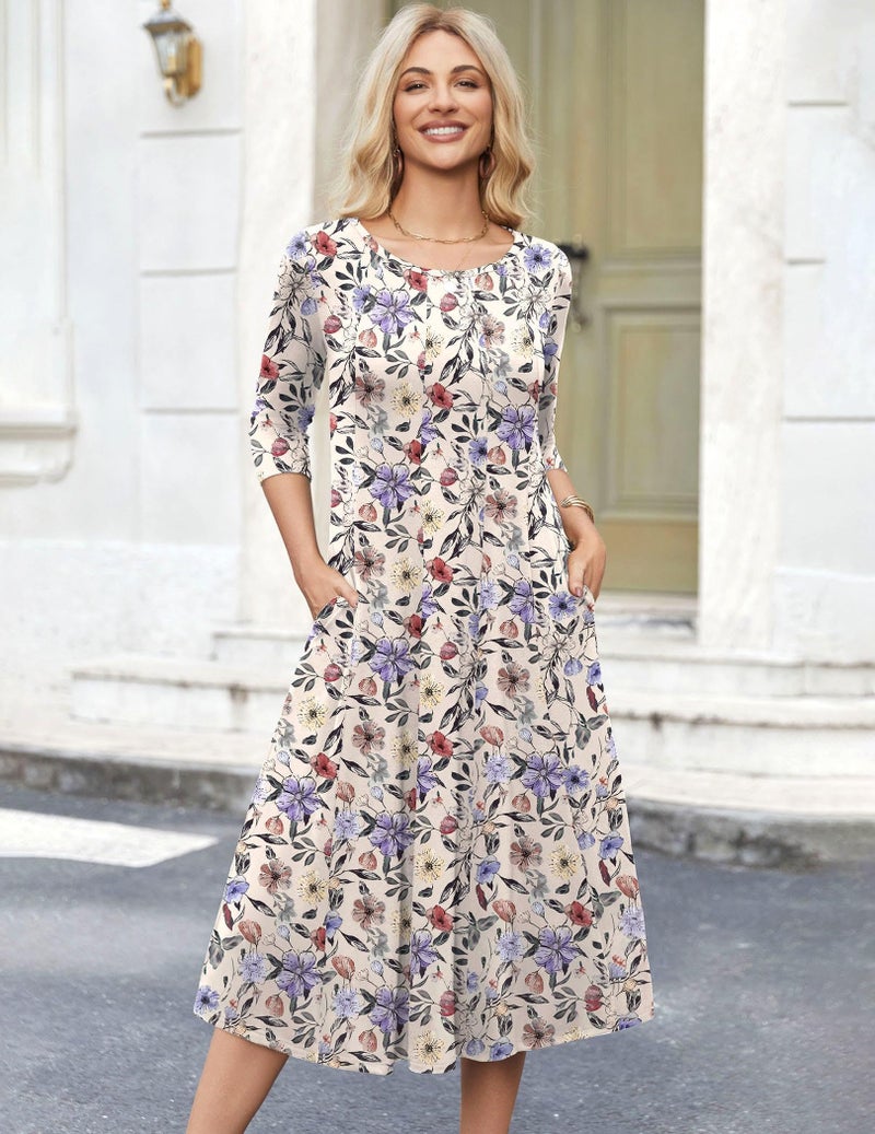 HOTOUCH Casual Summer Dress for Women 3/4 Sleeve Empire Waist Dress A Line Fall Dresses Midi Floral Sundress, M - Image 4