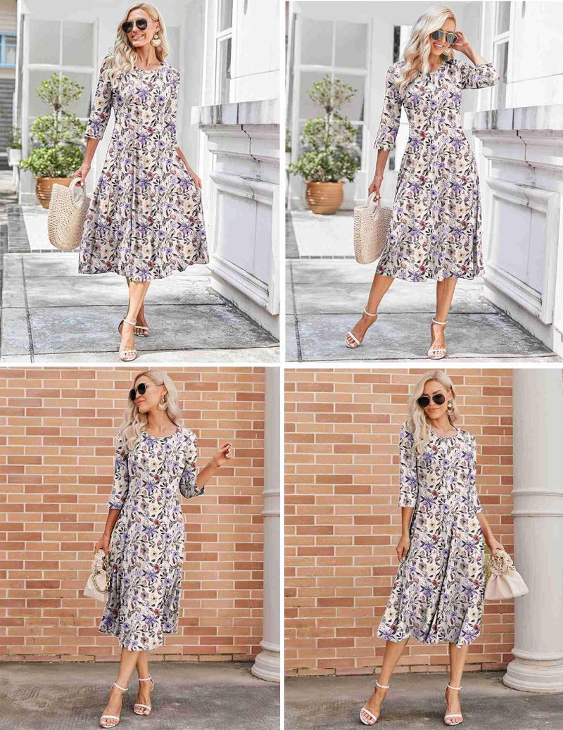 HOTOUCH Casual Summer Dress for Women 3/4 Sleeve Empire Waist Dress A Line Fall Dresses Midi Floral Sundress, M - Image 5