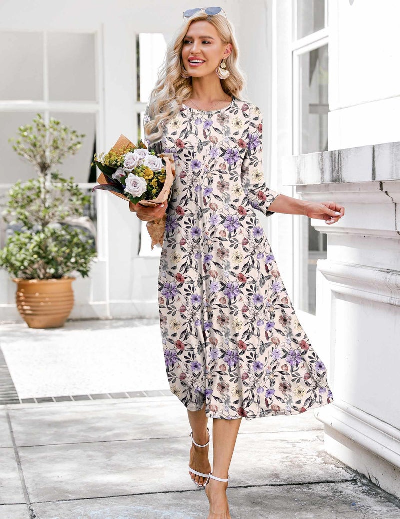 HOTOUCH Casual Summer Dress for Women 3/4 Sleeve Empire Waist Dress A Line Fall Dresses Midi Floral Sundress, M - Image 3