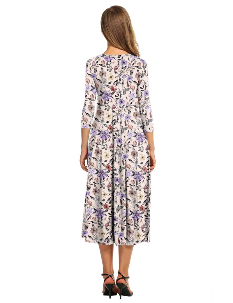 HOTOUCH Casual Summer Dress for Women 3/4 Sleeve Empire Waist Dress A Line Fall Dresses Midi Floral Sundress, M - Image 2