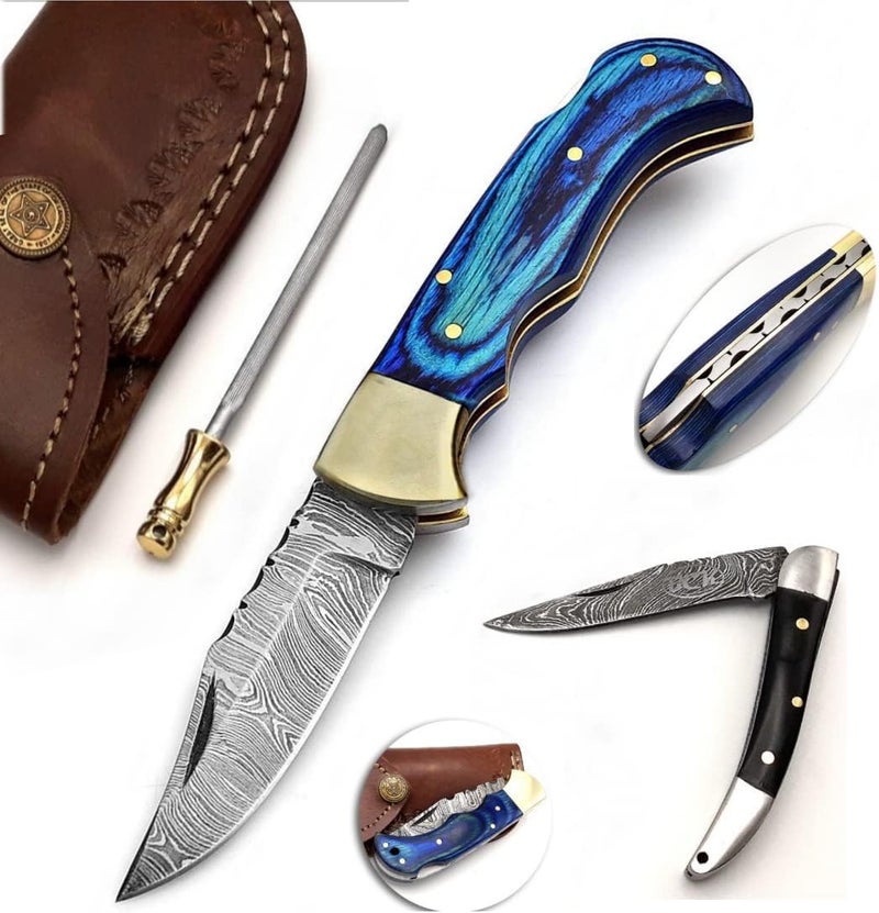 BCK Pocket Knife 4 Pcs Set 6.5" Handmade Damascus Folding Back lock knife Damascus Hunting Knife with Sheath Pocket Knife for men 100% Prime Quality camping Knife (Blue Wood) - Image 1