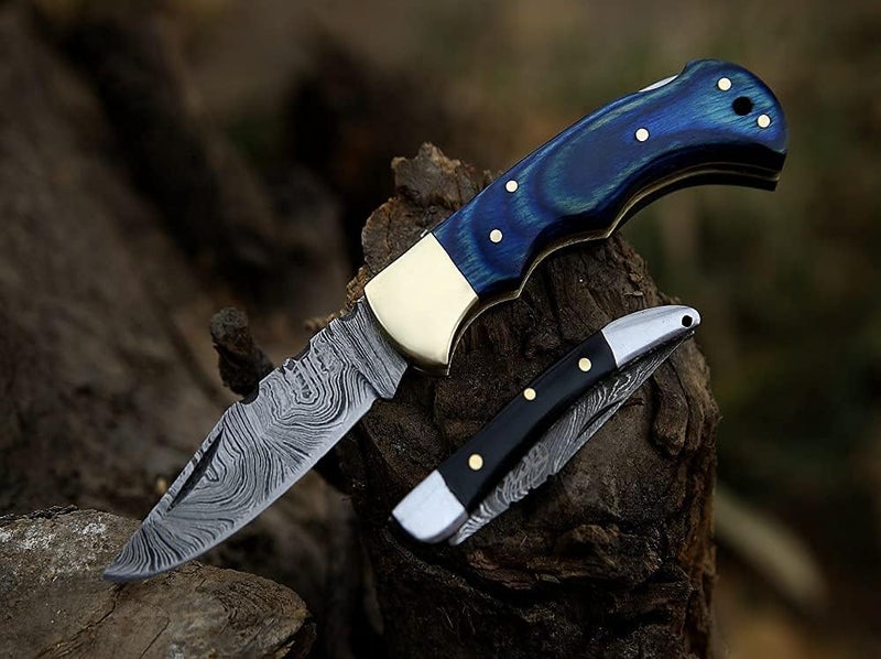 BCK Pocket Knife 4 Pcs Set 6.5" Handmade Damascus Folding Back lock knife Damascus Hunting Knife with Sheath Pocket Knife for men 100% Prime Quality camping Knife (Blue Wood) - Image 3