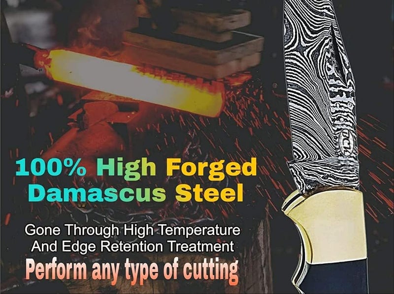 BCK Pocket Knife 4 Pcs Set 6.5" Handmade Damascus Folding Back lock knife Damascus Hunting Knife with Sheath Pocket Knife for men 100% Prime Quality camping Knife (Blue Wood) - Image 5