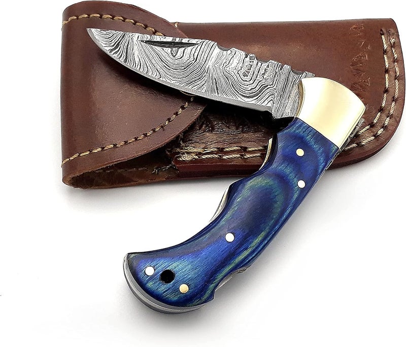 BCK Pocket Knife 4 Pcs Set 6.5" Handmade Damascus Folding Back lock knife Damascus Hunting Knife with Sheath Pocket Knife for men 100% Prime Quality camping Knife (Blue Wood) - Image 4