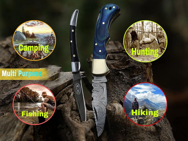 BCK Pocket Knife 4 Pcs Set 6.5" Handmade Damascus Folding Back lock knife Damascus Hunting Knife with Sheath Pocket Knife for men 100% Prime Quality camping Knife (Blue Wood) - Image 2