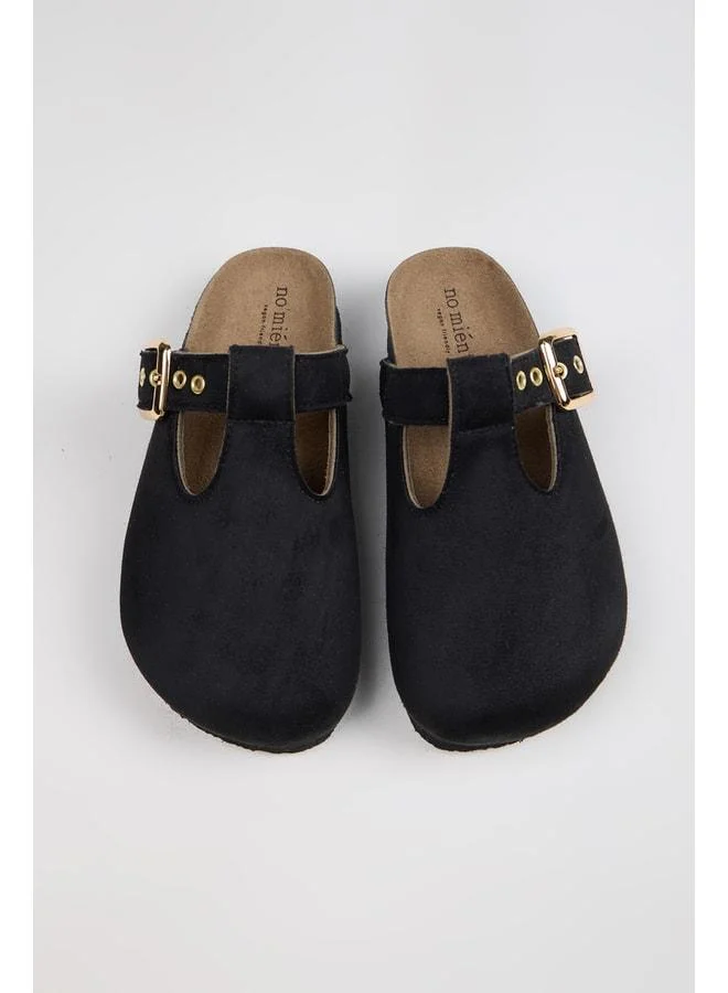 no miento Merida Women's Vegan Leather Buckle Black Sabo Slipper.