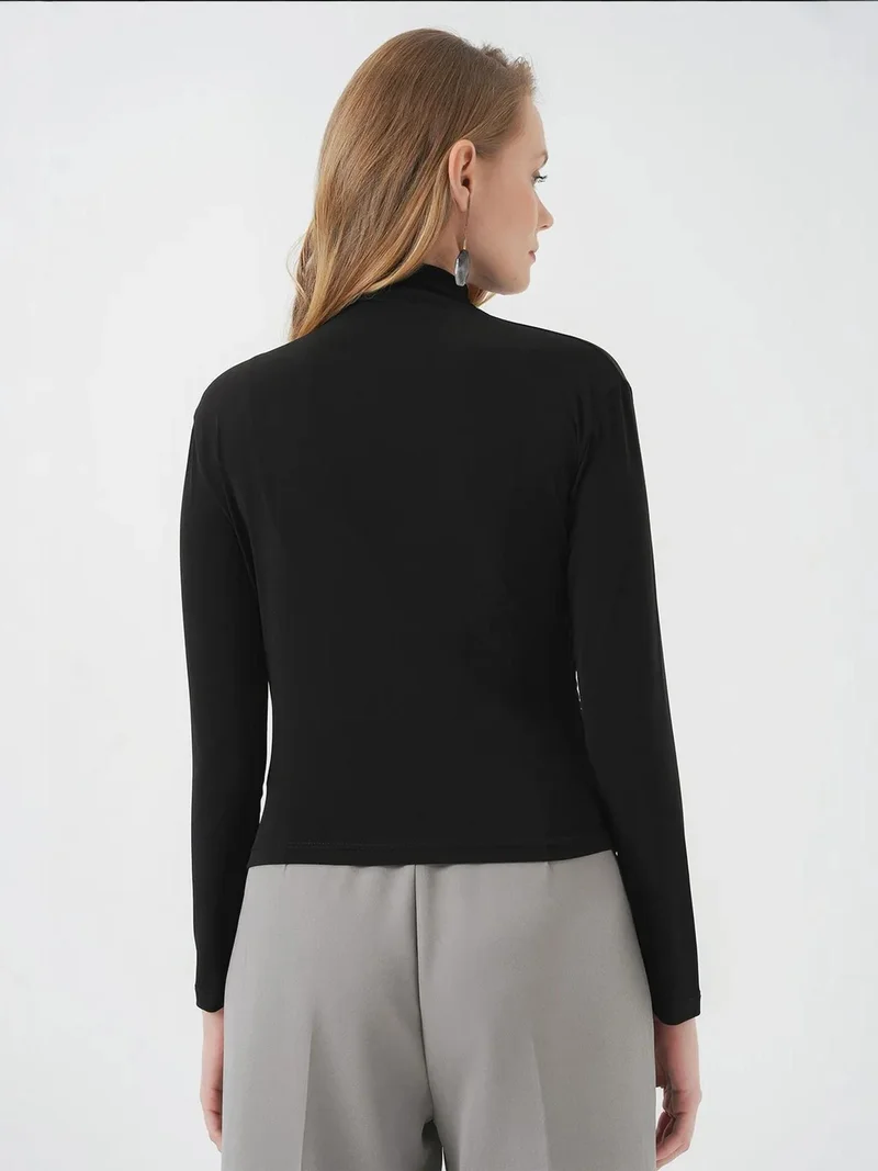 Big Dart Black BDART Fitted Turtleneck Blouse with Drape Detail for Women | Best Price UAE
