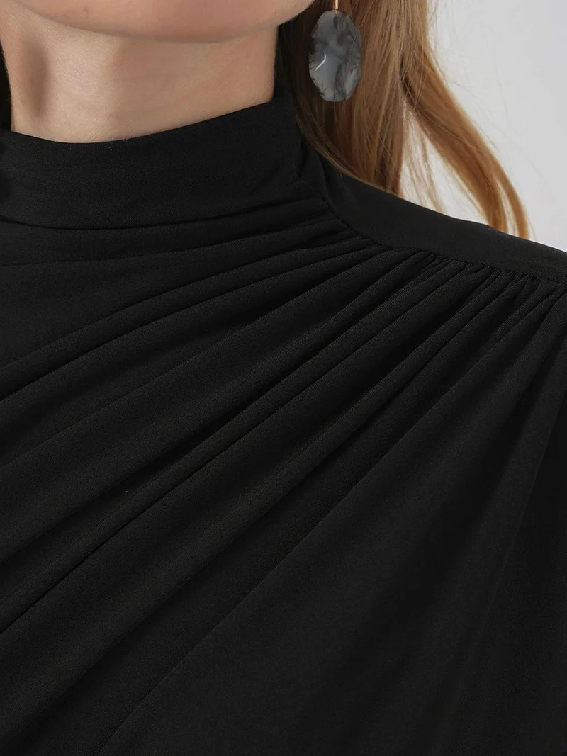 Big Dart Black BDART Fitted Turtleneck Blouse with Drape Detail for Women | Best Price UAE