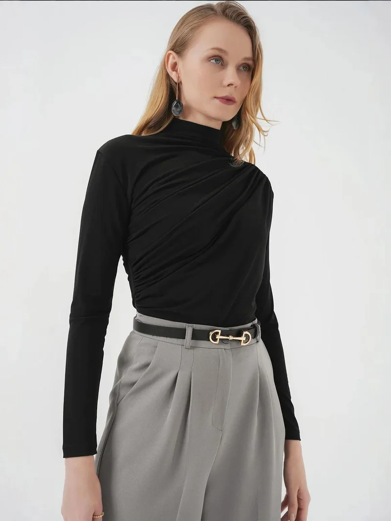Big Dart Black BDART Fitted Turtleneck Blouse with Drape Detail for Women | Best Price UAE