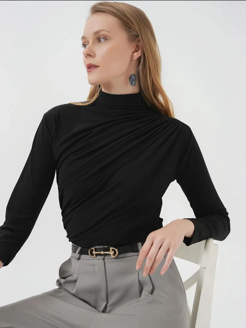 Big Dart Black BDART Fitted Turtleneck Blouse with Drape Detail for Women | Best Price UAE