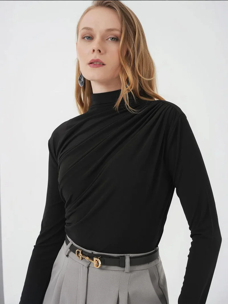 Big Dart Black BDART Fitted Turtleneck Blouse with Drape Detail for Women | Best Price UAE
