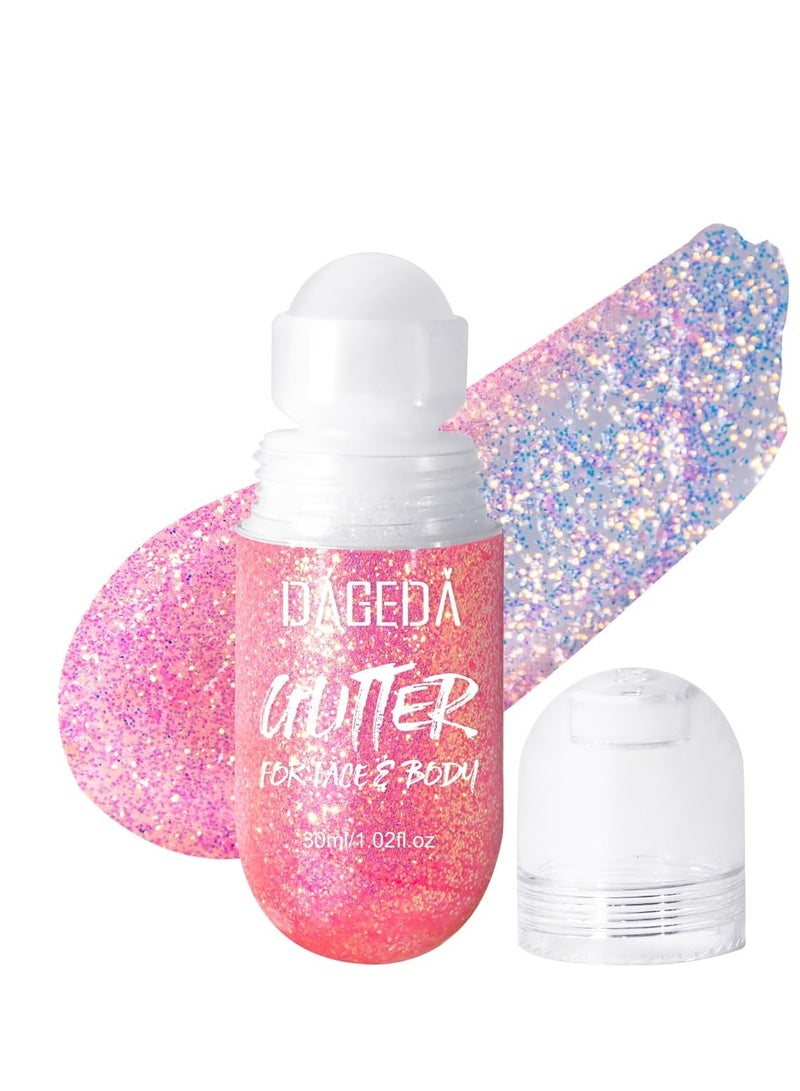 DAGEDA Body Glitter Gel, Roll-on Face Glitter for Mermaid Makeup Festival Rave Accessories, Holographic Hair Glitter Gel,Body Shimmer Halloween Makeup for Rave Party (Pink) - Image 1