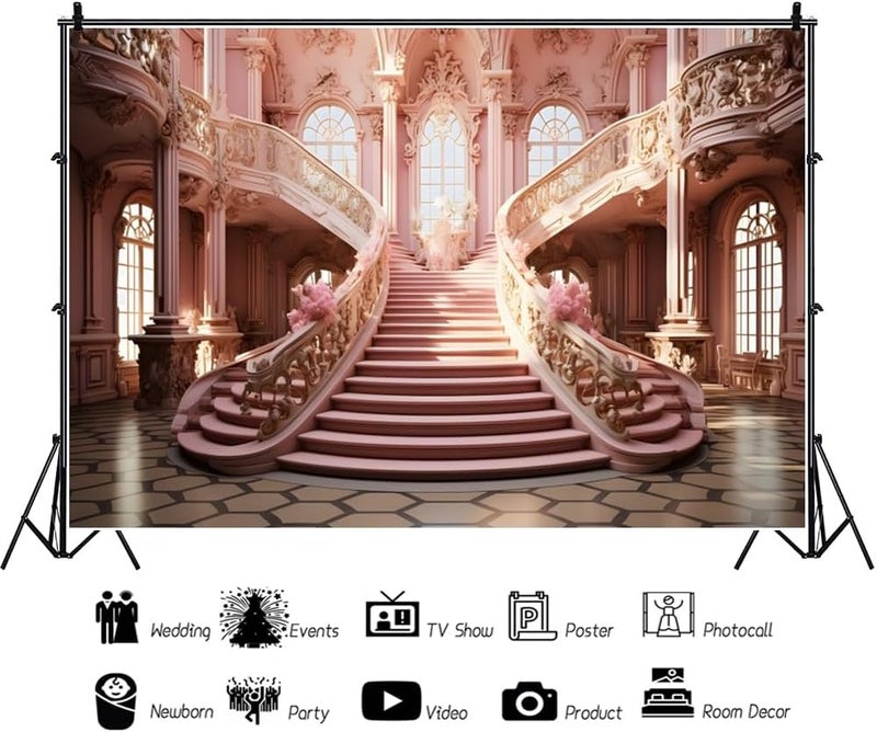 Laeacco لاياكو 10x8 قدم خلفية داخلية قصر وردي رومانسية خلفية قلعة وردية درج زهور تصوير خلفية لعيد ميلاد الفتيات زفاف حفل استحمام العروس ديكور تصوير بوث props - Image 2