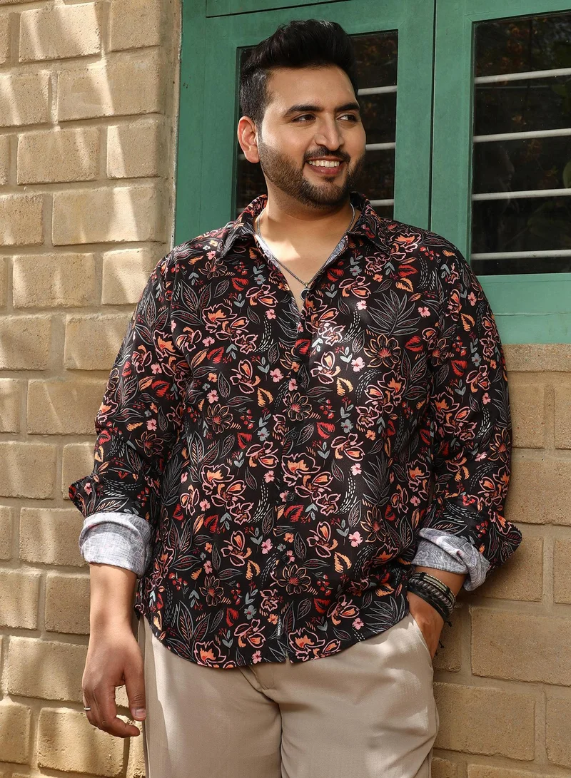 Instafab Plus Instafab Plus Men's Onyx Black Botanical Folklore Shirt For Casual Wear | Spread Collar | Long Cuffed Sleeves | Button Closure | Plus Size Shirt Crafted With Comfort Fit For Everyday Wear