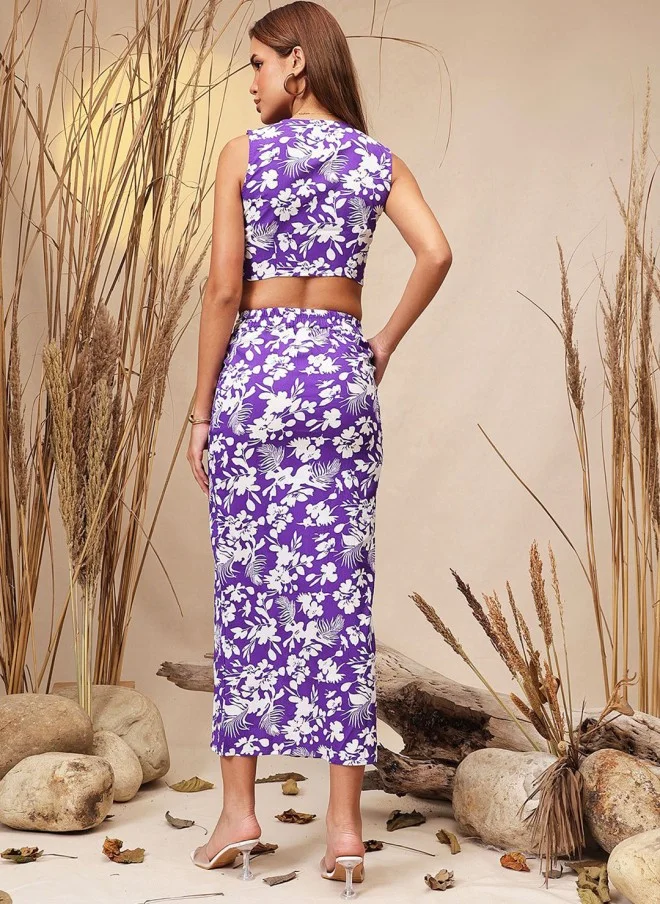 STREET 9 Floral Printed V-Neck Crop Top And Midi Skirt Co-Ords For Women