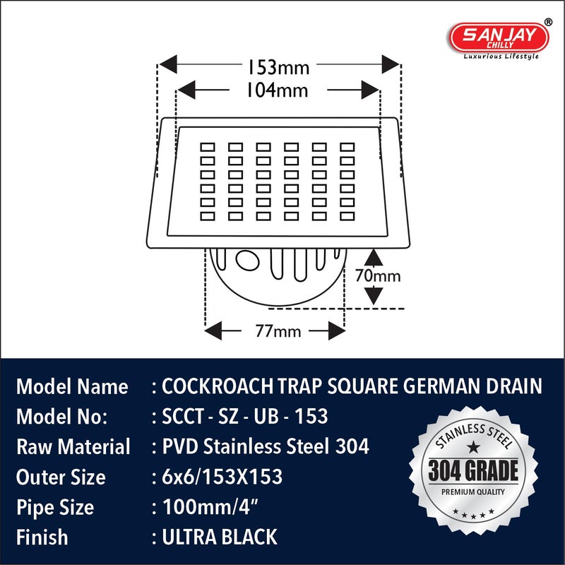 Sanjay Chilly Square Zoom Floor Drainer for Bathroom with Cockroach Trap 304 Grade Floor Drain Cover Jali Sink Safety from Cockroach & Insects Anti Odor Drain Strainers (6x6 Inch Ultra Black) - Image 3