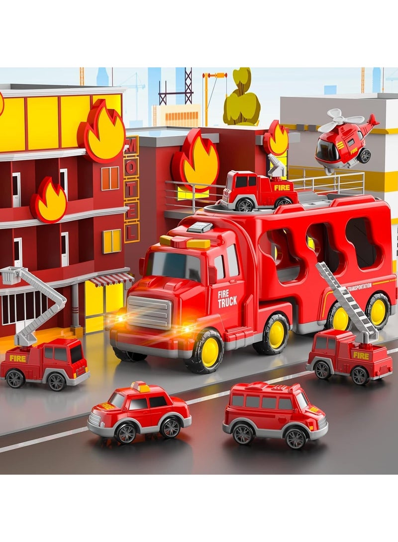 6 in 1 Fire Rescue Vehicles Toys Set w/Light and Sound for Kids Age 2-3,Carrier Truck Toys Car Toy Set Best Gift for Boy and Girl - Image 4