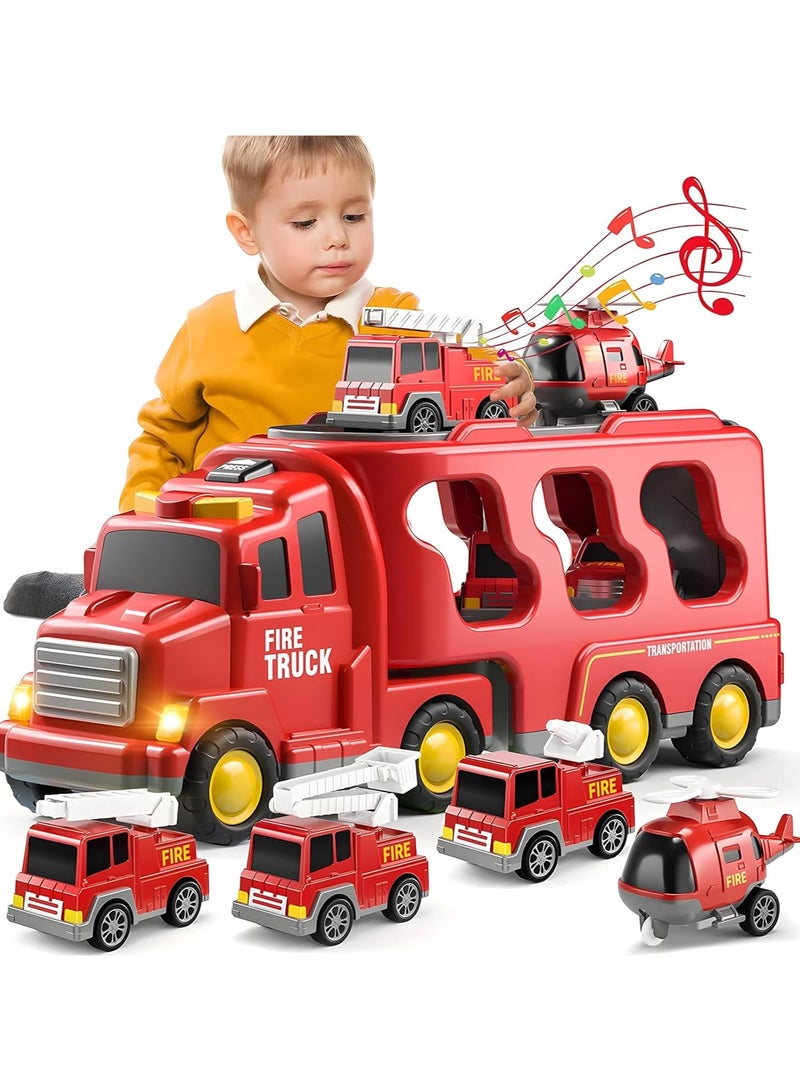6 in 1 Fire Rescue Vehicles Toys Set w/Light and Sound for Kids Age 2-3,Carrier Truck Toys Car Toy Set Best Gift for Boy and Girl - Image 1