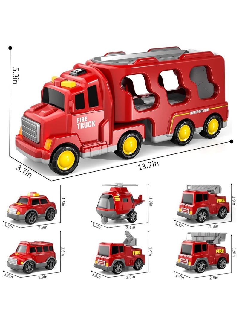6 in 1 Fire Rescue Vehicles Toys Set w/Light and Sound for Kids Age 2-3,Carrier Truck Toys Car Toy Set Best Gift for Boy and Girl - Image 2