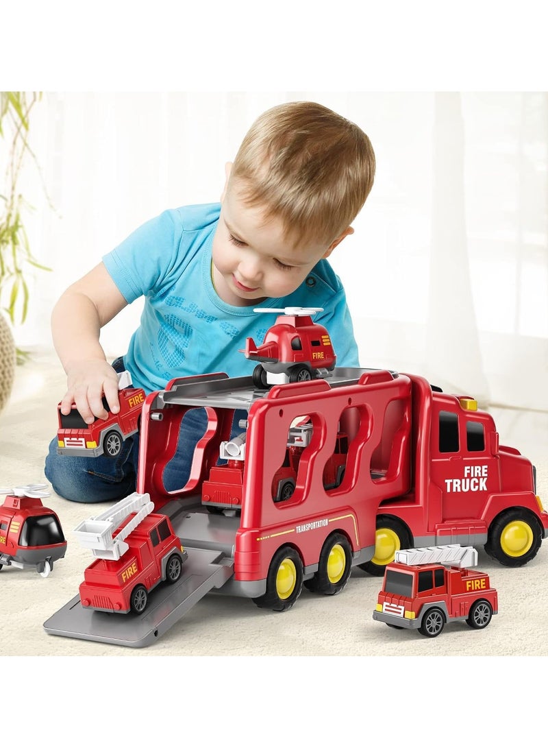 6 in 1 Fire Rescue Vehicles Toys Set w/Light and Sound for Kids Age 2-3,Carrier Truck Toys Car Toy Set Best Gift for Boy and Girl - Image 3