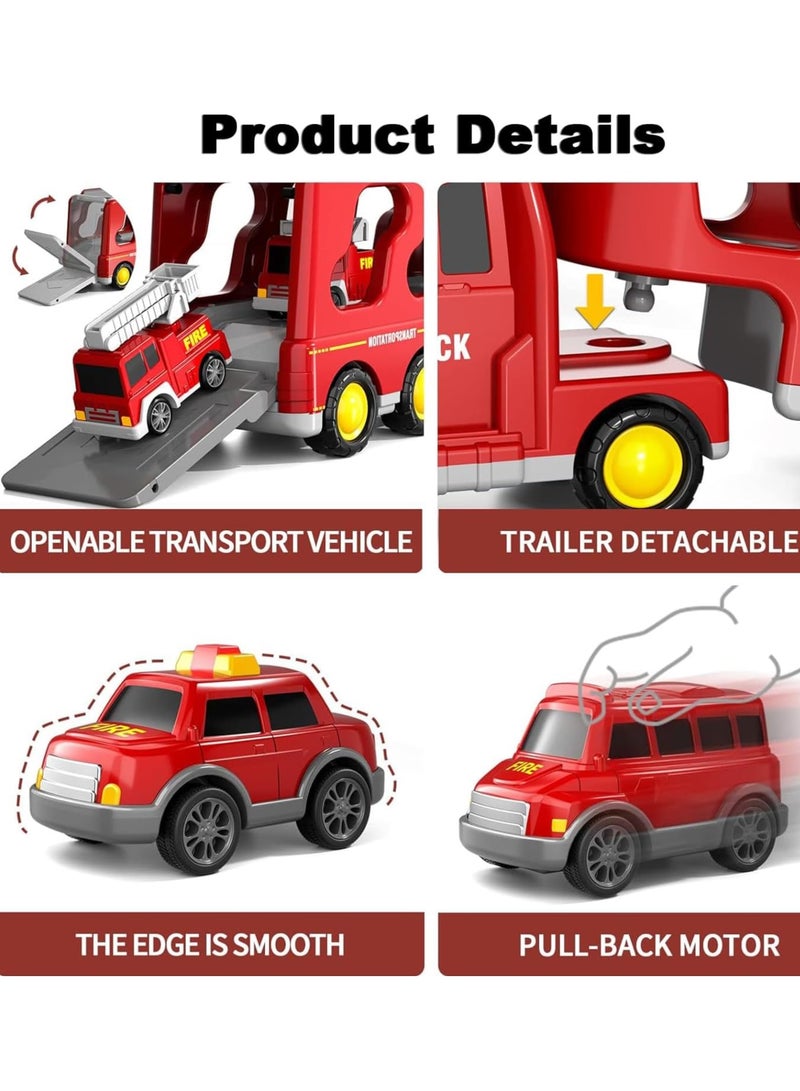6 in 1 Fire Rescue Vehicles Toys Set w/Light and Sound for Kids Age 2-3,Carrier Truck Toys Car Toy Set Best Gift for Boy and Girl - Image 5