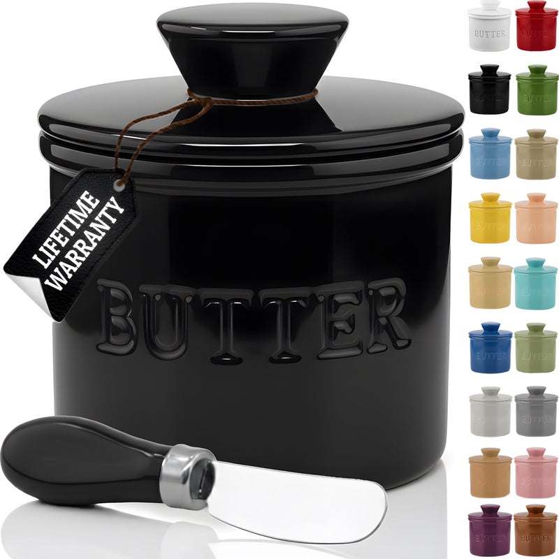 PriorityChef Butter Crock with Lid with Water Line Ceramic French Butter Dish to Leave On Counter Black