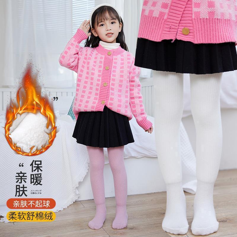 Winter Children'S Fleece-Lined Thickened Pantyhose Girls' Vertical One-Piece Pantyhose Baby'S Warm Opening Pants Socks - Image 3