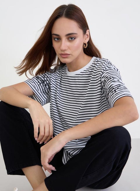 Styli Striped Embroidered Sleeve Oversized T-Shirt
