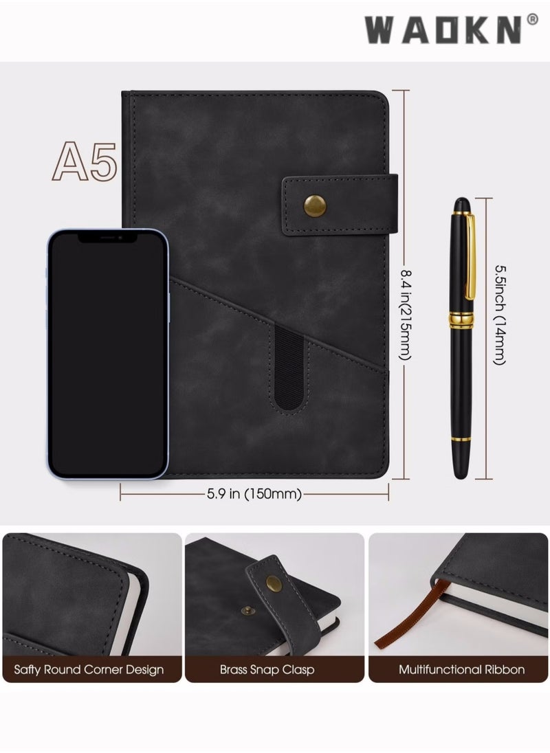 WAOKN Black A5 Lined Leather Journal Notebook,Personalized Hardcover Journal Set with Pen & Gift Box,200 Pages 100 gsm Thick Ruled Paper Daily Diary for Men Women School,Travel,Business,Work,Home Writing  - Image 2