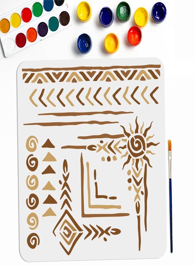 MAYJOYDIY Tribal Totem Stencil 11.8×11.8inch Tribal Geometric Border Stencils with Paint Brush Boho Aztec Indian Edge Corner Drawing Template for Craft Furniture Fabric Wall - Image 1