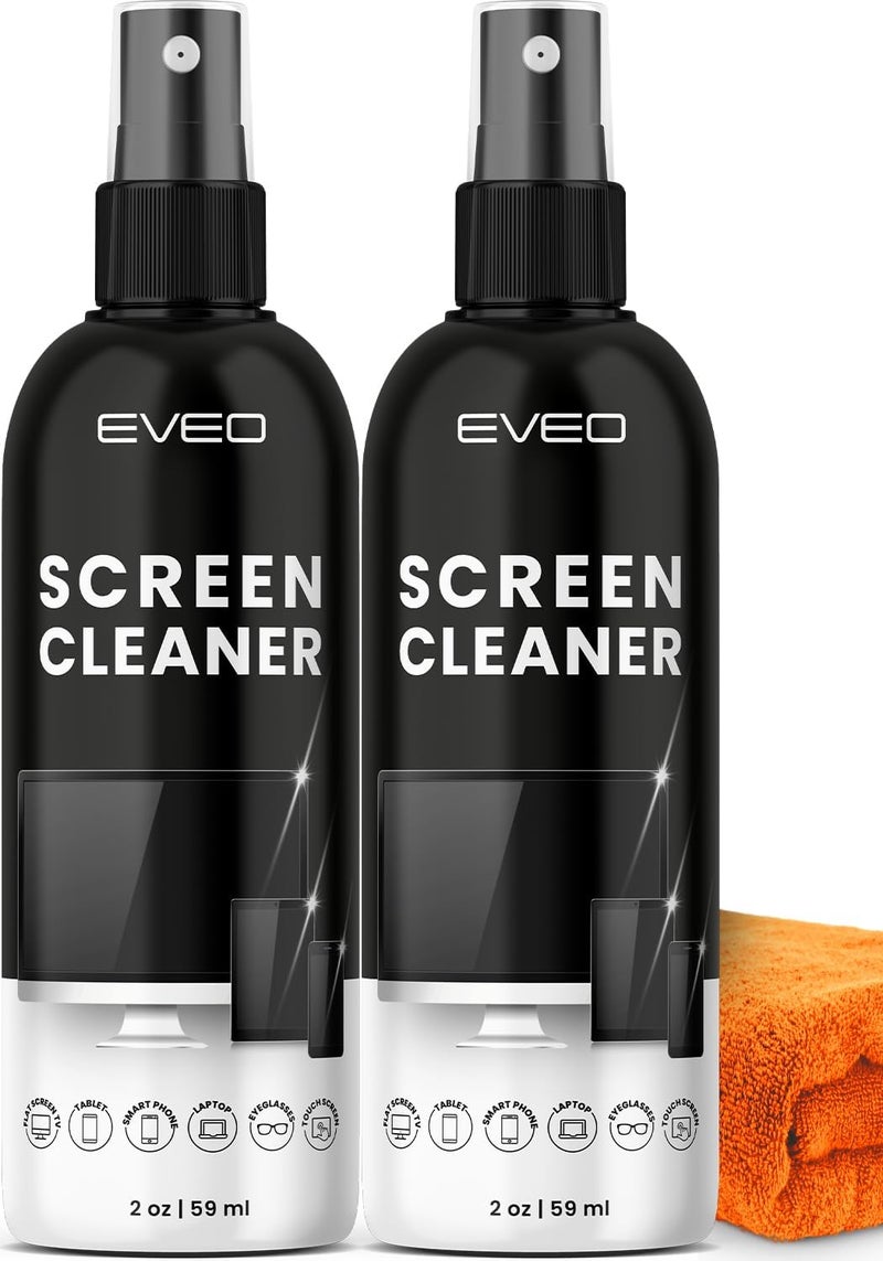 EVEO Screen Cleaner Kit - 8oz (4oz x 2) Spray & Microfiber Cloth for TV, Monitor, Laptop, iPad, iPhone, Car Screens - Image 1