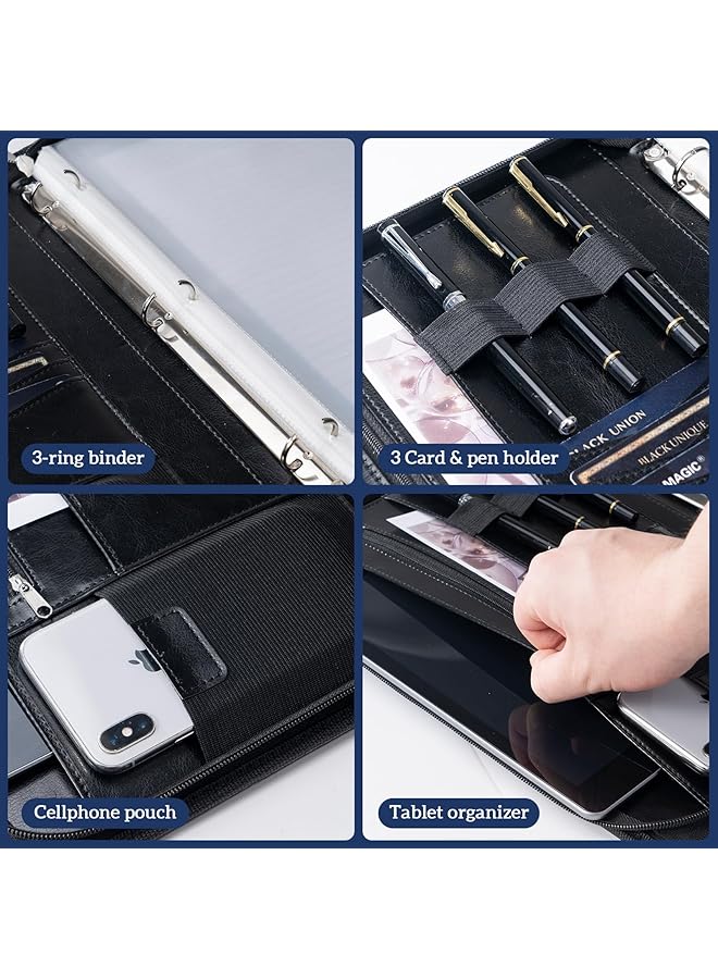 Procases Portfolio 3 Ring Padfolio Folder Organizer Pu Leather Business Planner A4 Notepad Zipper File Binder Clipboard Removable Document Sleeve For Resume Interview Meeting Black - Image 5