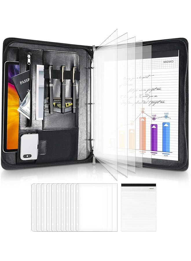 Procases Portfolio 3 Ring Padfolio Folder Organizer Pu Leather Business Planner A4 Notepad Zipper File Binder Clipboard Removable Document Sleeve For Resume Interview Meeting Black - Image 1