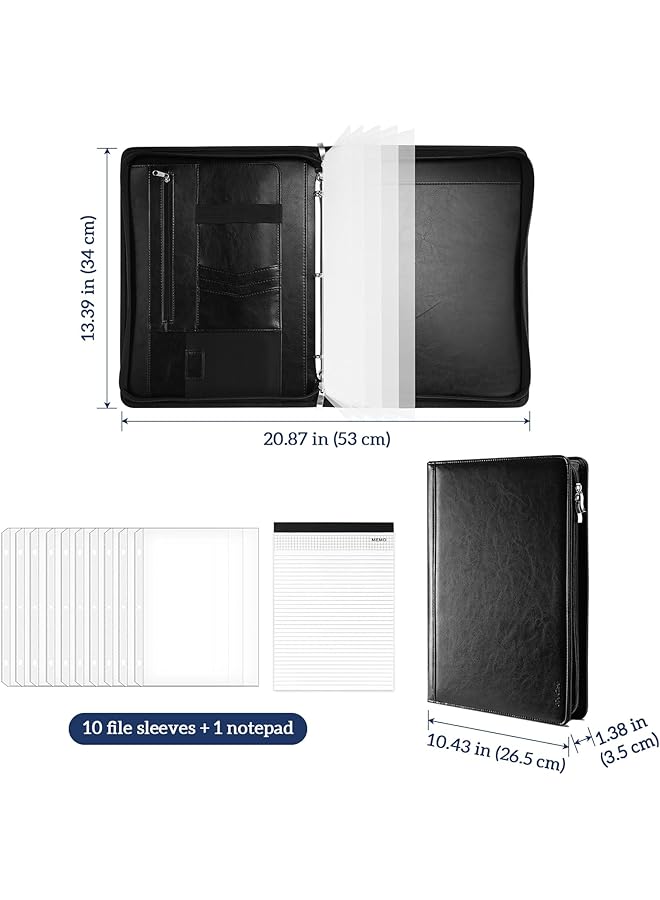 Procases Portfolio 3 Ring Padfolio Folder Organizer Pu Leather Business Planner A4 Notepad Zipper File Binder Clipboard Removable Document Sleeve For Resume Interview Meeting Black - Image 3